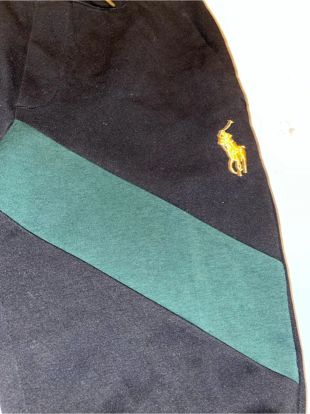 Ralph Lauren Black Sweatpants with Green Stripe and Gold Embroidery